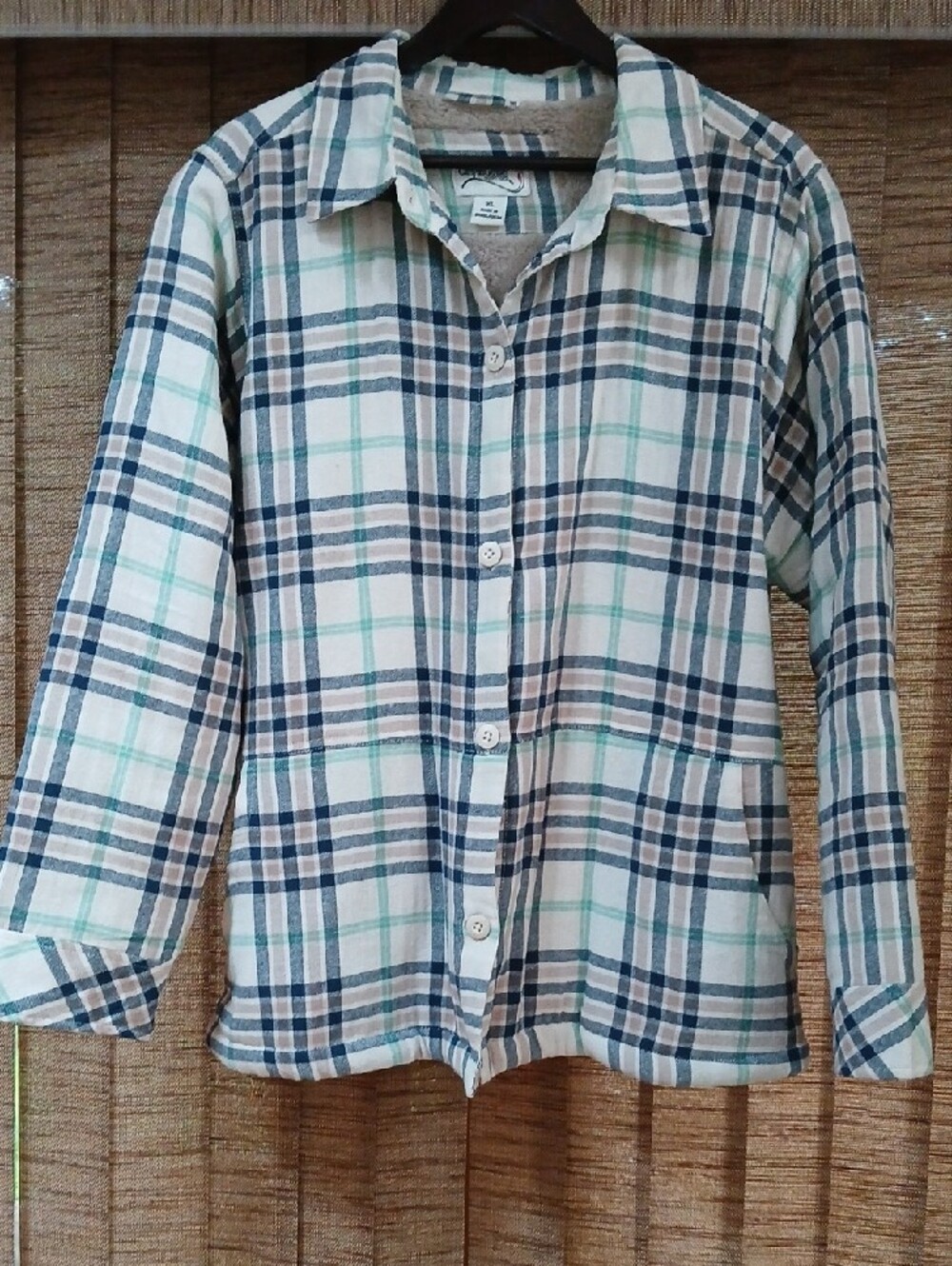 Sherpa-Lined Plaid Shirt Jacket in Cream and Blue